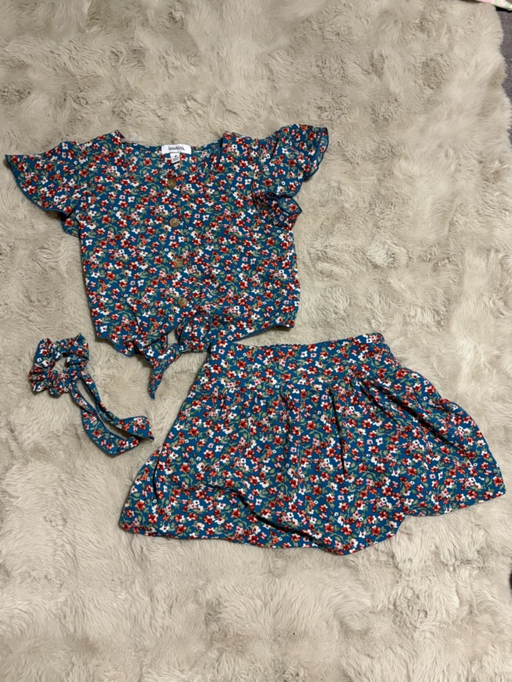 Speechless Floral Crop Top and Skirt Set - Teal Floral w/ Matching Scrunchie